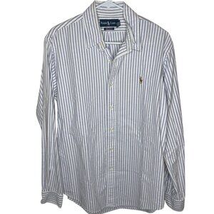 Ralph Lauren Custom Fit Button-Down Cotton Shirt White Blue Striped Men Size M